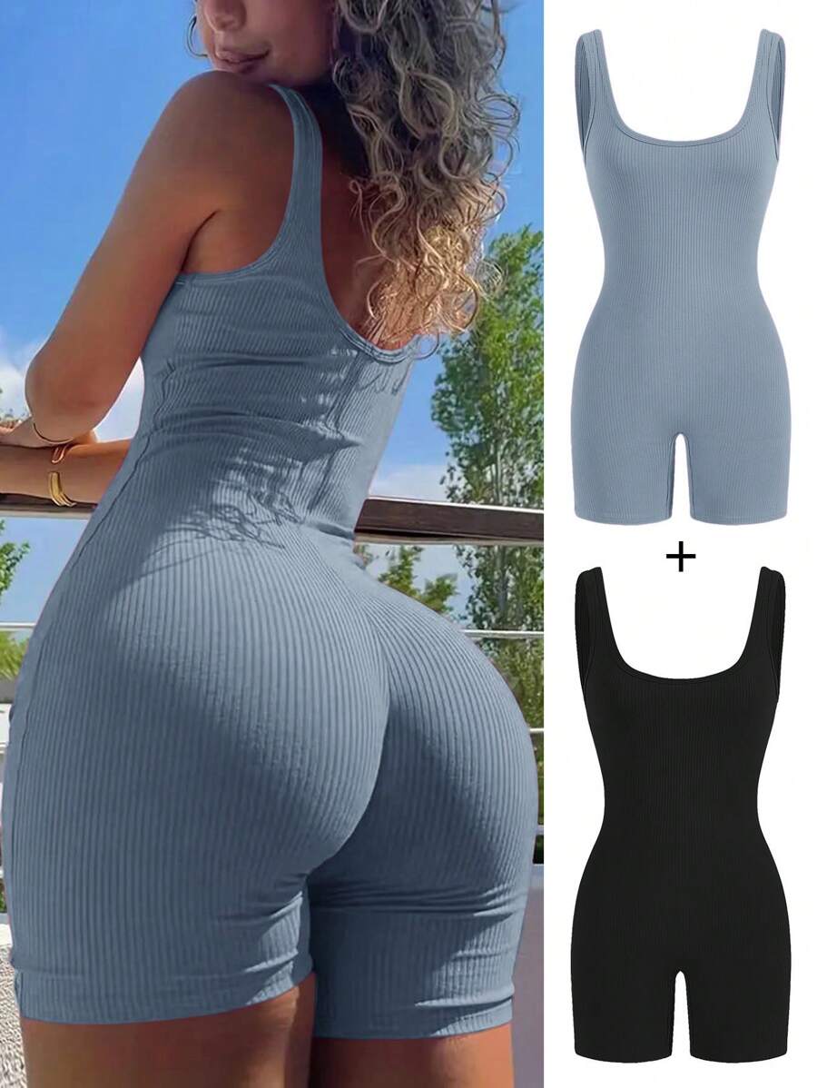 SHEIN SXY Bộ 2 bộ đồ liền thân không tay màu trơn thường ngày mùa hè dành cho nữ - Màu xanh lam - Xem 1