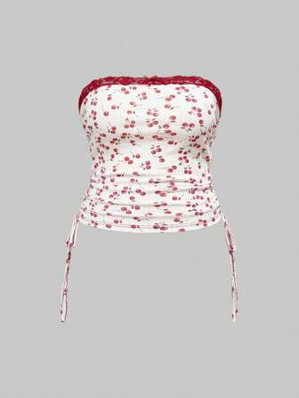 Kawaii Top tipo camisola con volantes, moño y estampado floral de cerezas para mujer de talla grande