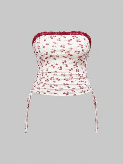 Kawaii Plus Size Women Cherry Print Floral Ruffle Bow Camisole Top