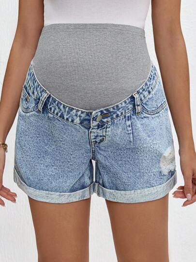 SHEIN Pregnant Women's Casual Snug Fit Ripped Denim Shorts, Blue,Beach Outfits For Maternity,Summer/Summer Outfits For Women, Suitable For Parties, Holidays, Dates, Valentine's Day, Afternoon Tea, Suitable For Summer,Spring Summer Vacation Beach Outfits Fashion Outfits,Mother Day/Mom/Mother/ Mommy/Mother's Day/Mama/Mum/Mother's Day Gift,Summer / Summer Outfits For Women/ Summer Clothes / Cute Summer Tops/ Summer Bottoms/Summer For Women