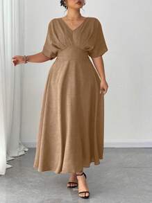 Elenzga 大码 V 领纯色短袖休闲连衣裙，简约时尚，适合日常穿着、情人节