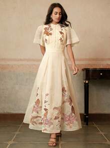 Anewsta Rochie elegantă pentru femei, cu broderie florală, culoarea caise, potrivită pentru banchet, întâlnire, festival, vacanță, primăvară/vară - Caisă - Vizualizare 1