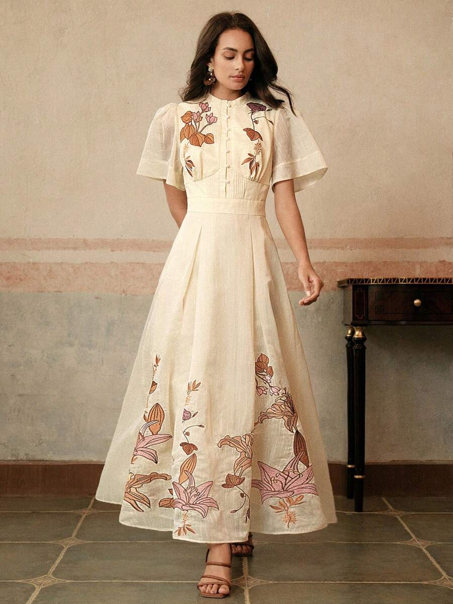 优雅女士花卉刺绣 A 字连衣裙，杏色，适合宴会、约会、节日、度假、春夏季 - 杏色 - 查看 1