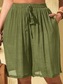 Swim Lushoire Lace Up Plus Size Women's Romper With Pockets, Loose Fitting Short Jumpsuit For Summer Beach Vacation - Army Green - View 6