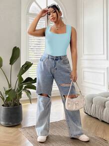 SHEIN EZwear Plus Size Summer Casual Solid Color Sleeveless Bodysuit