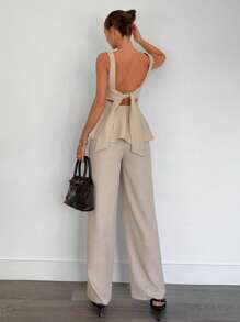 Siren Gaze 2 件套女士休闲纯色抽绳露背短款上衣和裤子套装，夏季