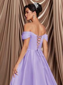 Glamrae Elegant Luxurious Beige Off Shoulder Neckline Dress With Faux Pearl Collar & Tie-Up Back, Ruched Fish Tail And Removable Flare Dress, Suitable For Wedding Events And Bridal Gowns, Bride - Purple - View 6