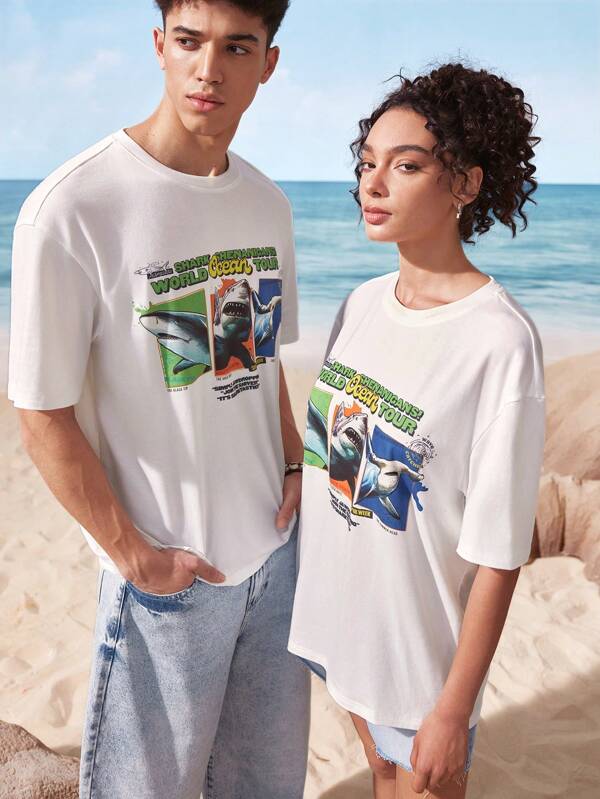 Shark Week X SHEIN Tricou cu mânecă scurtă cu gât rotund și imprimeu animal pentru bărbați, vară