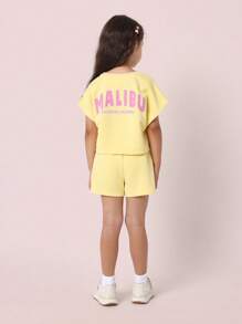 SUMWON Malibu California Dreaming Summer Beach Athletic Leisure Co-Ord Set Short Sleeve Crop Top With Shorts Casual Two Piece Outfit Urban Street Style Wear - Yellow - View 1