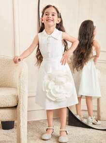 SHEIN 2 Stücke Kleine Mädchen Lässig minimalistischer, komfortabler Polokragen, Perlen Dekor, 3D Blumen Ärmellos Shirt und Mini Rock Set