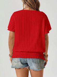 SHEIN LUNE Plus Size Ruffled Hem Elastic Waist Short Sleeve Crew Neck Top Women Summer Shirts Women Clothes Summer Tops Women Blouses - Red - View 2