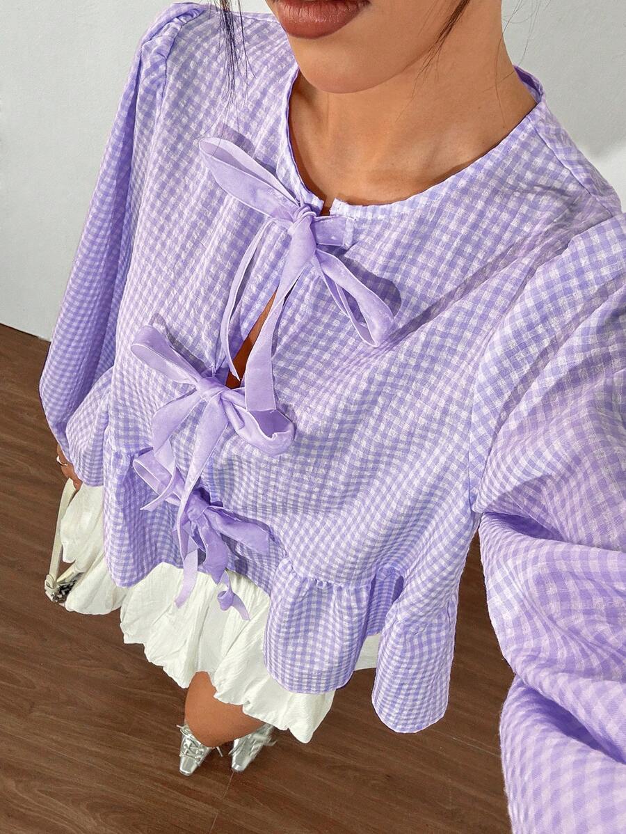 SHEIN EZwear 女士复古时尚黑白格子前襟天鹅绒系带泡泡袖宽松衬衫 - 紫丁香色 - 查看 1