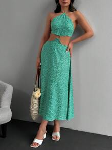 EURMUSE Satin Short Dress With Cutout Detail - Green - View 5