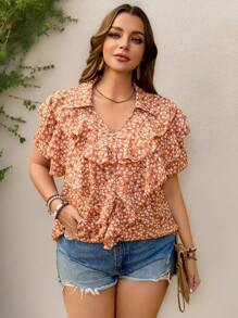 SHEIN LUNE Plus Size Women Orange Ditsy Floral Ruffle Hem Shirt, Easter