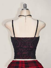 SHEIN ICON Plus Size Colorblock Flocked Punk Hollow Ruffle Camisole, Suitable For Music Festivals, Sexy, Y2K Style - Burgundy - View 8