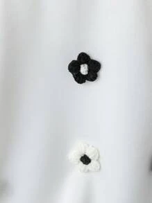 Chiquease 休闲优雅可爱日常百搭圆领 H 版钩针装饰弹力针织白色女式短袖 T 恤，春夏 - 白色 - 查看 3