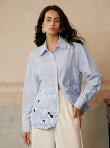 Anewsta Romantic Blue & White Stripe Embroidered Long Sleeve Casual Blouse, Suitable For Spring/Summer Renaissance Fairs, Festivals, Holidays, Vacations - Blue and White - View 5