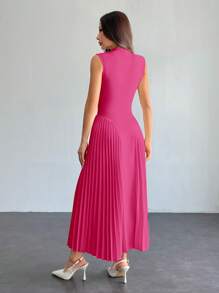 SHEIN PETITE Women's Elegant Hot Pink Midi Dress With Stand Collar And Sleeveless Design, Pleated Skirt, Zipper Detail