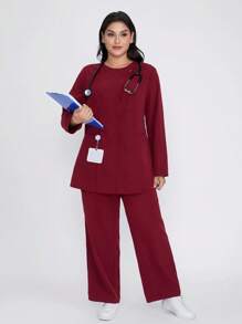 Scrubzie Plus Size Moisture-Wicking Long Sleeve Tunic & Pants Nursing/ Scrub Uniform Set - Burgundy - View 7