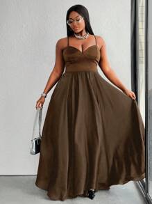 Maweii Plus Size Fashionable Splicing Backless Sleeveless Dress, Summer - Brown - View 2