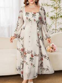 Modelyn Đầm đi nghỉ bằng vải chiffon in hoa thanh lịch cổ vuông tay đèn lồng cỡ lớn cho nữ - Nhiều màu - Xem 6