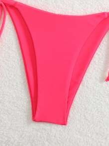 Swim Vcay Women's Summer Beach Solid Color Halter Tie Sexy Bikini 3pcs Set, Waist Belt Detachable, Random Color Beaded Waist Chain - Watermelon Pink - View 4