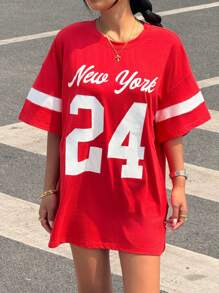 Dames Casual Color Blocking Letter Print Korte Mouw T-shirt, Lente/Zomer