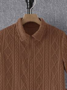 SHEIN 2 件青少年男童舒适休闲风格纹理面料 Polo 领拉链短袖上衣和短裤套装，适合外出、街头、派对和城市漫步，春季穿着 - 棕色 - 查看 6