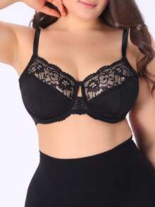 SHEIN 1pc Women Plus Size Lace Patchwork Underwire Bra - Black - View 1