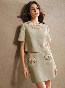 Anewsta 2 pezzi/set Top a maniche corte con collo rotondo ed elegante minigonna in stile urbano, con ricami di perline fatti a mano, completo primavera/estate per donne
