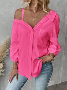 Siren Gaze Áo cánh rộng rãi, cổ trễ bất đối xứng, màu trơn, giản dị, mùa xuân/thu cho nữ, thời trang mới, phong cách đường phố, áo sơ mi vai bất đối xứng, dáng rộng - Màu Hồng Tươi - Xem 2