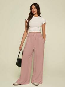 SHEIN Tall Women Spring/Summer Casual Solid Color Drawstring Wide Leg Pants - Pink - View 5
