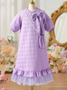 SHEIN Girls Casual Elegant Glamorous Cute Puff Sleeve Short Sleeve Bow Splice Mesh Princess Dress With Diagonal Sling Small Bag - Purple - View 1