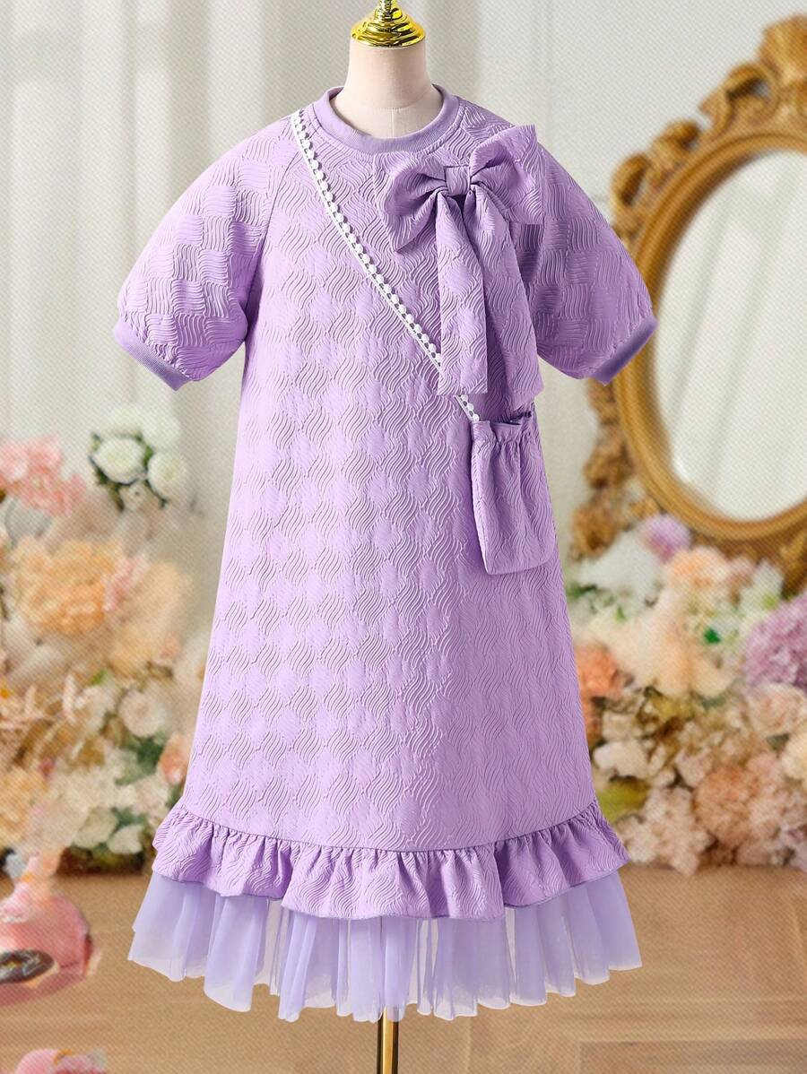 SHEIN Girls Casual Elegant Glamorous Cute Puff Sleeve Short Sleeve Bow Splice Mesh Princess Dress With Diagonal Sling Small Bag - Purple - View 1