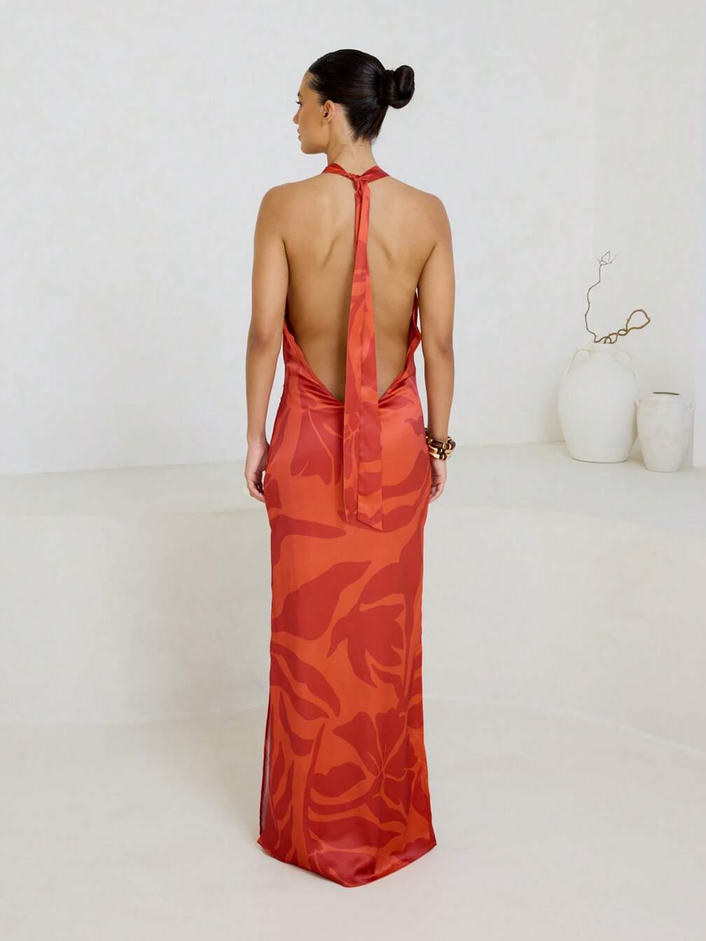 tropical formal dress AiiRZ Halter Neck Satin Evening Gown Backless Formal Dress Summer Wedding  Guest Designer Maxi Dress Ruched Side Tropical Print Party Elegant Floor  Length｜MISSGUIDED