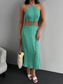 EURMUSE Satin Short Dress With Cutout Detail - Green - View 4