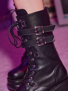 ROMWE Buckle Decor Lace-Up Front Zipper Side Wedge Boots For Christmas And New Year Holiday Valentines Spring Shoes - Black - View 4