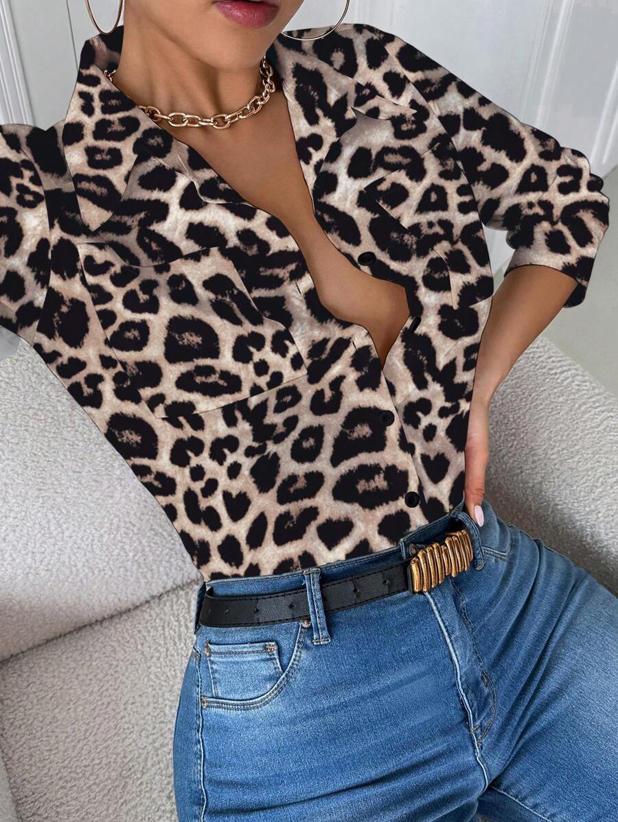 INAWLY 休闲领口袋修身白色长袖女式衬衫女式衬衫 - 卡其色 - 查看 1