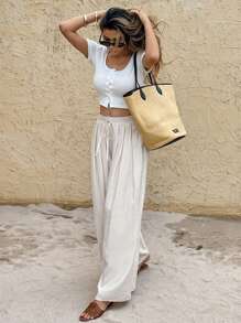 SHEIN Frenchy Quần nữ màu trơn, thời trang cho mùa hè - Màu be - Xem 1