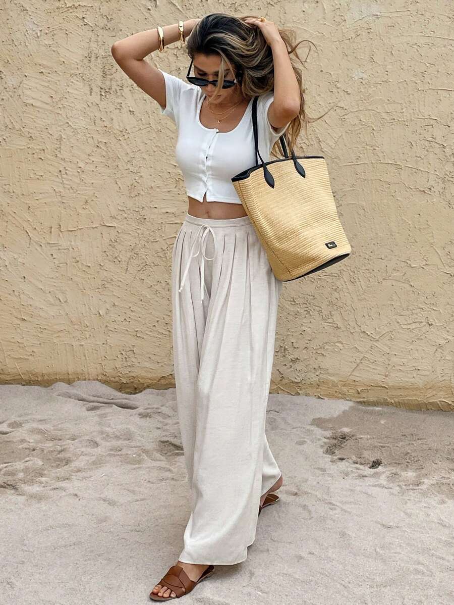 SHEIN Frenchy Quần nữ màu trơn, thời trang cho mùa hè - Màu be - Xem 1