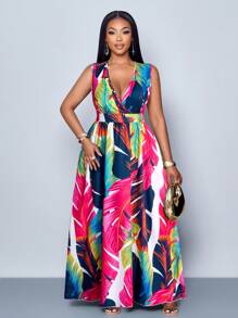 SOLERSUN Women's Plus Size Simple Everyday All Over Print Deep-V Neck Sleeveless Long Dress (Random Printing) - Hot Pink - View 3