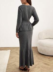 EURMUSE Ensemble 2 pièces de femme comprenant un pull à volants détaillés et une jupe fourreau en tricot maxi
