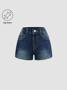 Shorts di jeans alla moda e unici, stile da strada, adatti per ragazze adolescenti con decorazione di ali d'angelo e croce ricamata, strass, vita elastica e chiusura con cerniera