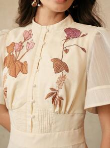 Anewsta Rochie elegantă pentru femei, cu broderie florală, culoarea caise, potrivită pentru banchet, întâlnire, festival, vacanță, primăvară/vară - Caisă - Vizualizare 3