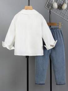 SHEIN Young Boy Classic Plaid Collar Long Sleeve Shirt And Loose Fit Denim Long Pants Set, Comfortable Casual Outfit For Autumn/Winter - Multicolor - View 2