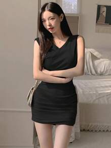 DAZY Women Solid Ruched Sleeveless Mini Wrap Dress ,Bodycon Dress - Black - View 3
