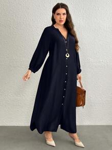 SHEIN LUNE Plus Size Solid Color V-Neck Front Button Casual Long Sleeve Dress Maxi Women Outfit - Navy Blue - View 4