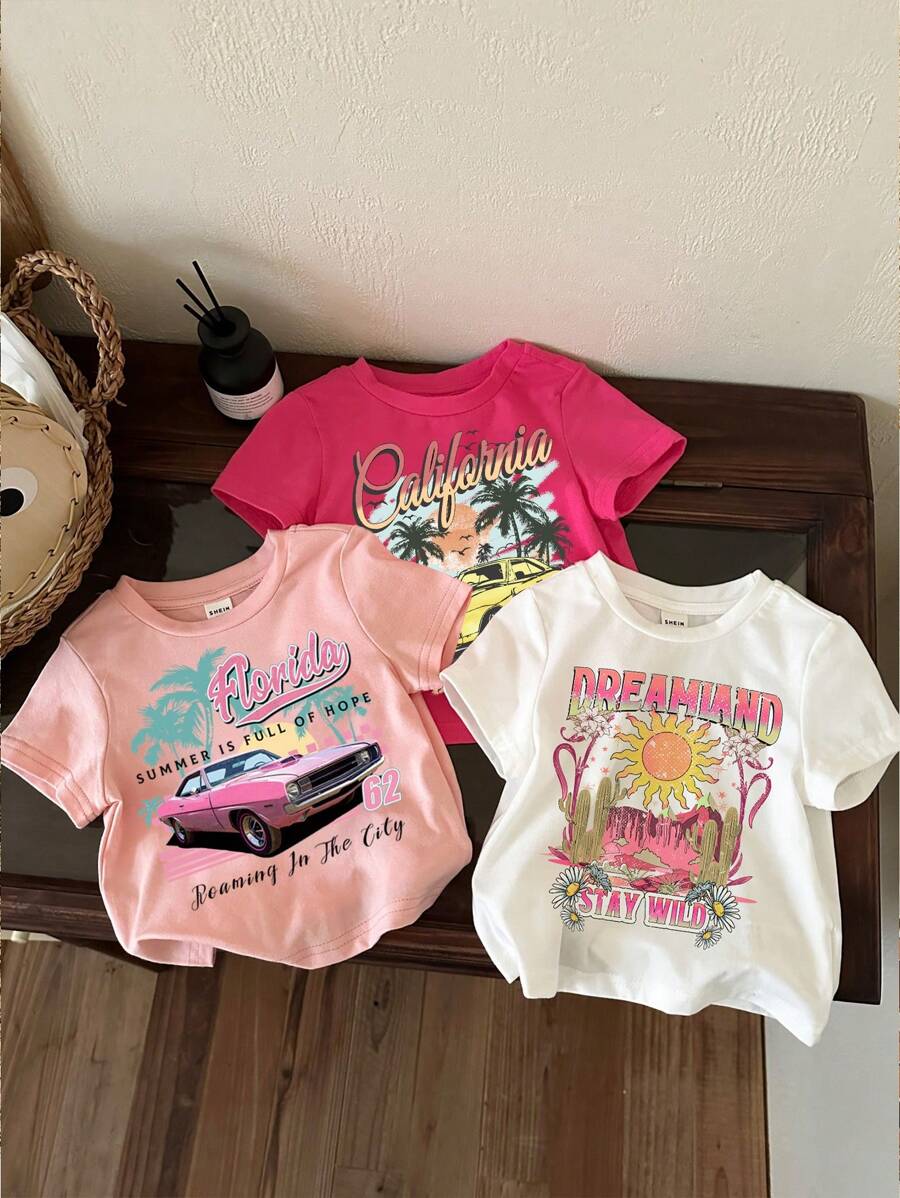 SHEIN 女婴休闲基本款短袖圆领上衣，适合夏季 - 彩色 - 查看 1