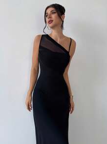 Firerie Elegant Minimalist & Chic Fashion Music Festival Daily Vacation Women's Black Mesh Asymmetrical Neck Ruched Fitted Dress - Black - View 8