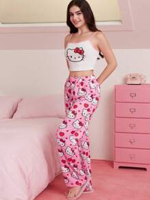 HELLO KITTY AND FRIENDS | SHEIN Women's Cute Cartoon Cat Bow Pattern White Cami Top & Pink Trousers Pajamas Set, Y2K, Sweet, Daily, Home, Leisure, Summer - Pink - View 6